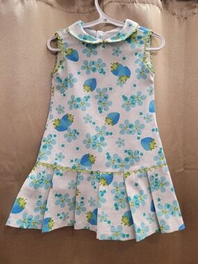 Girls White Dress with Blue Floral & Strawberry Print